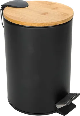 A black metal pedal bin with a bamboo lid and a silver pedal.