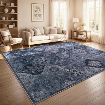Produktbild von Vintage Boho moderner Wohnzimmerteppich Kurzflor waschbar rutschfest Blau Grösse 240x340 cm