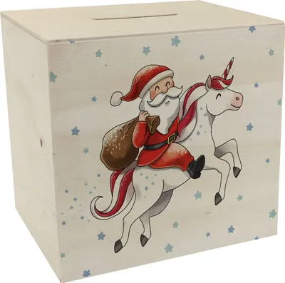 Produktbild von Weihnachtsmann auf Einhorn Spardose aus Holz