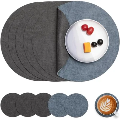 Produktbild von Tischsets Abwaschbar Lederoptik Rund Ø 36cm 6er Set Grau Hellblau