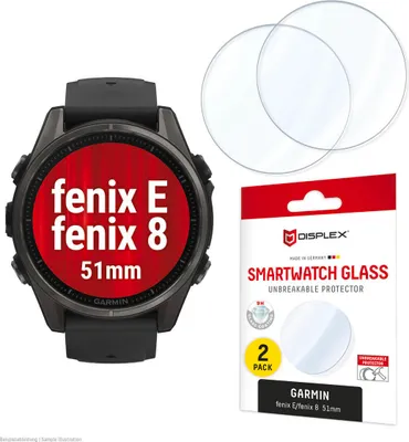 Produktbild von Displex 9H Schutzfolie Garmin fenix E/fenix 8 (51mm), 2 Stück, ultradünn, randlos, Germany, Displayschutz, Smartwatch, Transparent, Garmin, fenix E/fenix 8 (51mm), Gehärtetes Glas