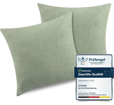 Produktbild von Kissenbezug 45x45 cm Hellgrün 2er Set 100% Gewaschene Baumwolle mit Reißverschluss