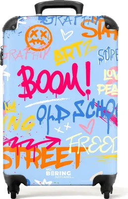 Obrázek produktu pro NoBoringSuitcases.com Příruční kufr z tvrdé skořepiny 55x35x20 cm, 36L, barevné graffiti potisky: Modrý - barevný, kufr na 4 kolečkách