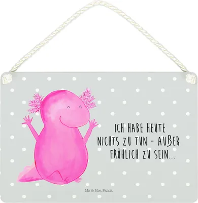 Produktbild von Mr. & Mrs. Panda Schild Axolotl Hurra DIN A4 - Grau Pastell - Geschenk, Zufriedenheit, Spaß, Wandbild Holz, Türschild, Holzschild, Deko, Fröhlich, holzbild, Lurch