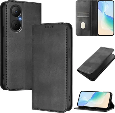 Image de Housse de téléphone portable pour Huawei Nova Y73, Vintage Cuir RFID Protection Porte-carte Stand-fonction Housse à rabat magnétique Noir