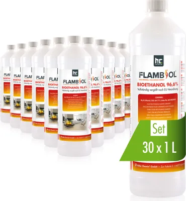 Produktbild von 30x 1 L FLAMBIOL® Bioethanol 96,6% Premium für Ethanol-Tischkamin in Flaschen