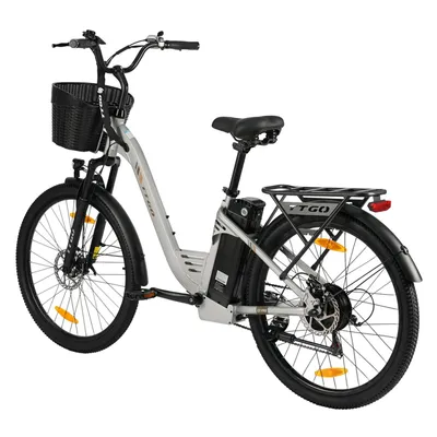 Image de TTGO C2PRO 26" Vélo électrique Cadre en aluminium Batterie 36 V 18 Ah Écran LCD Autonomie de 80 à 120 km Transmission Shimano à 7 vitesses Argent + panier