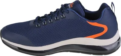 A side view of a blue athletic shoe with orange accents.