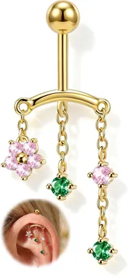 Imagen del producto de Arete tipo espiral de 6 mm, fabricado en acero inoxidable 316L, color dorado, con motivos de flores rosas, para el oído
