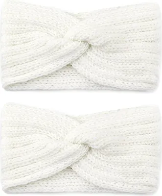 Produktbild von Stirnband Damen Winter, 2 Stück elastische Stirnbänder für Damen und Mädchen, weiche Ohrenwärmer aus Strick, perfekt für Herbst und Winter, vielseitig einsetzbar, stilvoll und warm (Weiß)