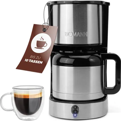Produktbild von Bomann Kaffeemaschine mit Thermoskanne für 8–10 Tassen Kaffee (ca. 1,2L) | Filterkaffeemaschine Edelstahl | doppelwandige Thermoskanne | kein Temperaturverlust | 800W | KA 6066 CB