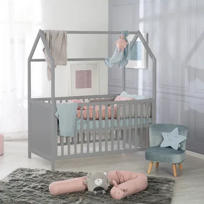 Produktbild von roba Hausbett 70 x 140 cm, Kombi-Kinderbett in Hausoptik, taupe, 3-fach verstellbar, umbaubar zum Juniorbett