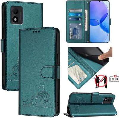 Produktbild von Leder Hülle für TCL 303 Süße Katze Flip Case Brieftasche Schutzhülle mit Standfunktion Grün
