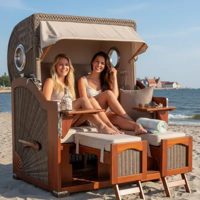 Produktbild von Strandkorb Düne Mahagoni wetterfest 2 Sitzer PE Grey Bullauge