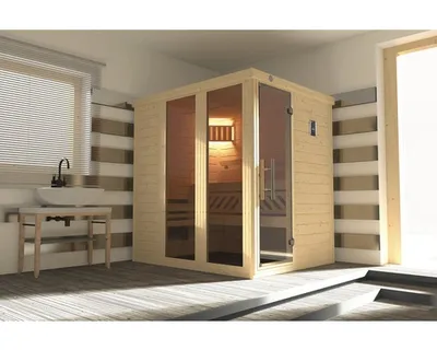 Obrázek produktu pro Finská sauna z masivního dřeva Weka Panorama vel.1 vč. 7,5kW kamen a digitálního ovládání s oknem a grafitově šedými celoskleněnými dveřmi