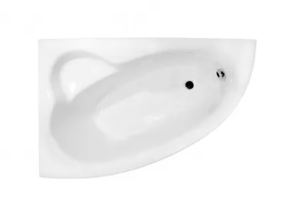 A top-down view of a white corner bathtub.