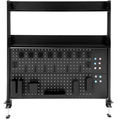 Zdjęcie produktu dla Półka na biurko - 3 półki - montaż zaciskowy - panel perforowany - miejsce do przechowywania - rama plastikowa - czarny kolor, 100 × 95 cm