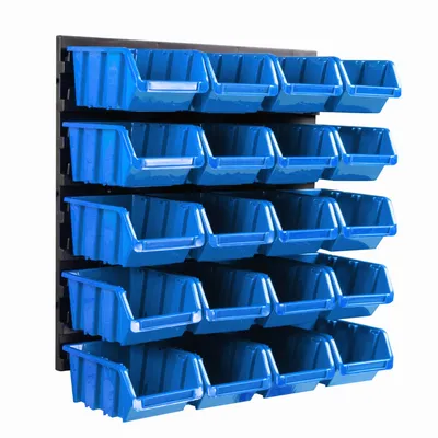 A wall-mounted storage system with multiple blue bins.