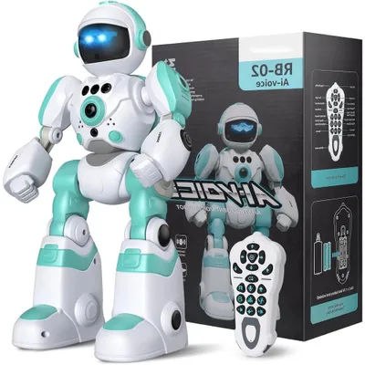 A toy robot and its remote control are displayed next to its packaging.