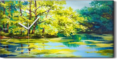 Produktbild von Wandkunst Leinwand Bild Uhr Geräuschlos 60x30 Gemälde See Fluss Bäume Gras Kunst - weiße Hände