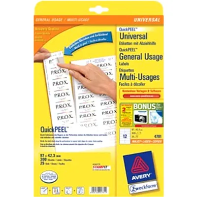 Produktbild von Mehrzwecketikett Zweckform QuickPEEL 4781 - 97 mm Breite x 42,30 mm Länge - Permanent Kleber - Rechteck - Laser, Tintenstrahl - Weiß - Papier - 12 / Blatt - 25 / Pack