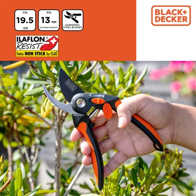 Immagine prodotto di BLACK+DECKER Forbici bypass Lame in acciaio di alta qualità - Forbici da potatura Impugnatura ergonomica - Forbici da potatura Con capacità di taglio di 13 MM - Nero /Arancione