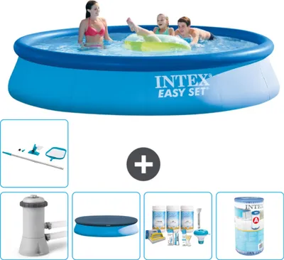 Produktbild von Intex runder aufblasbarer Easy Set-Schwimmpool – 396 x 84 cm – Blau – inklusive Pumpe Abdeckung - Wartungspaket - Filter - Reinigungskit