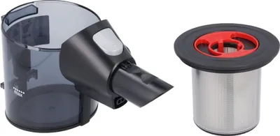 A vacuum cleaner dust container and filter are shown against a white background.