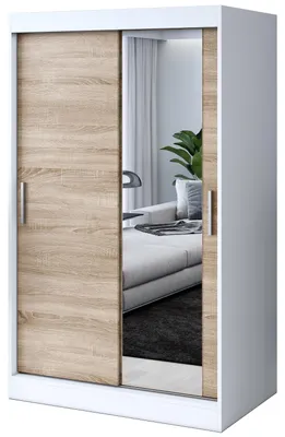 Produktbild von Kleiderschrank mit Spiegel - 120x200cm - Weiß Matt & Sonoma Eiche - Schiebetürenschrank HUGO - 2-türig - mit 2 Kleiderstangen