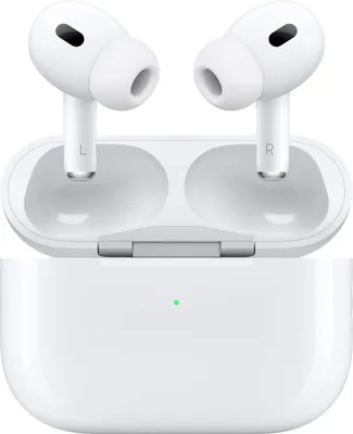 A pair of white Apple AirPods Pro (2nd generation) with their charging case.