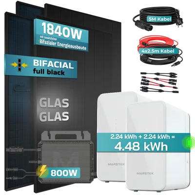 Produktbild von SUNNIVA® 1840W Balkonkraftwerk mit 4.48 kWh Speicher Marstek 2x B2500-D, 4x 460W BIFAZIAL FULLBLACK komplett Steckdose, PV Solaranlage + Solarspeicher