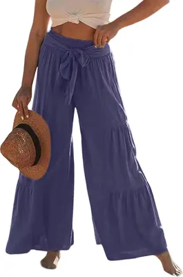 Produktbild von ASKSA Damen Weitem Bein Hose Elegant Hohe Taille Freizeithose Leichte Sommerhose, Dunkelblau, Groesse: XL