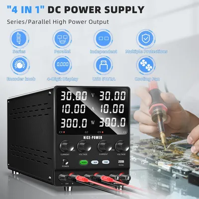 Immagine prodotto di Alimentatore da banco DC Labornetzgerät - SPS3010-2KD - Alimentatore regolabile da 0-30V e 0-10A - A 2 canali - Alimentatore switching ad alta precisione (SMPS) - USB 5V 2A - 30V 10A, a doppio canale