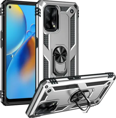 Produktbild von OPPO A74 4G / F19 Hülle, Dual Layer Militäre Fallschutz Schutzhülle mit Ringhalterung Ständer für OPPO A74 4G / F19 Silber