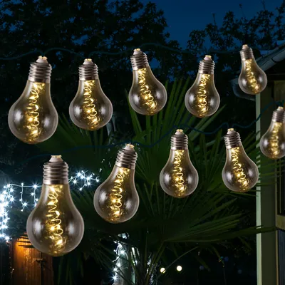 Produktbild von LED Solar Lichterkette mit 10 grauen Glühbirnen mit Drahtlichterkette - 2 Funktionen - 4,5m