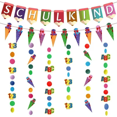 Produktbild von Schultüte Stoff & Girlande für Einschulung 2026, Schulkind Banner, Bunt
