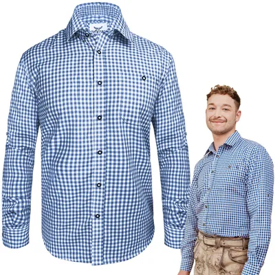 Produktbild von HOFGLANZ® Traditionelles Trachtenhemd Herren Langarm [BLAU / L] [KARIERT] - Hochwertiges Kariertes Trachten Hemd für Männer - Karohemd Oktoberfest