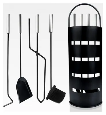 Produktbild von Kaminbesteck aus Edelstahl, 5-teiliges Set mit Ständer, Besen, Zange, Schürhaken und Ascheschaufel, Schwarz