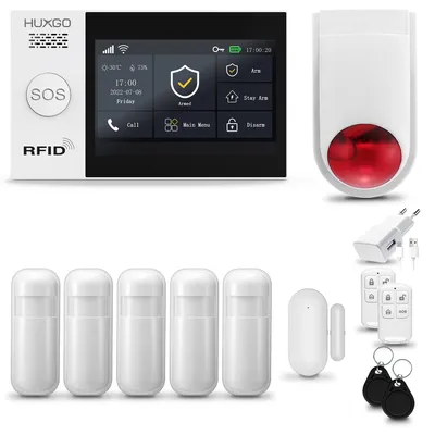 Immagine prodotto di HUXGO HXA007 Sistema di allarme per la casa, WiFi + GSM 4G, con sirena wireless, dotato di 5 sensori di movimento, 1 sensore per porte e finestre. Sistema di allarme compatibile con l'app Tuya Smartlife