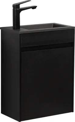 A black bathroom vanity with a sink and faucet.