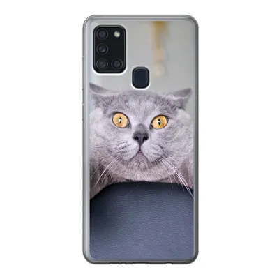 Produktbild von MuchoWow® Handyhülle Schutzhülle Hülle für Samsung Galaxy A21s Katze - Angst - Stuhl Silikon Softcase Handy Hülle - Hartschale