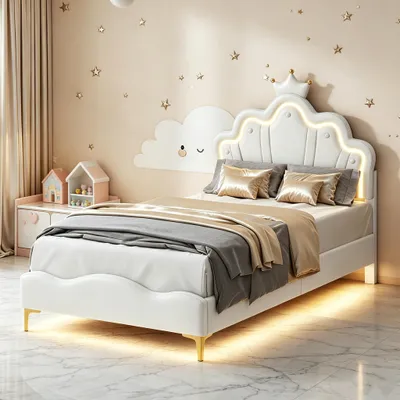 Immagine prodotto di Letto imbottito INONEFT 90x200 cm con illuminazione LED, letto per bambini con testiera a forma di , letto singolo con rete a doghe, rivestito in PU, colore bianco