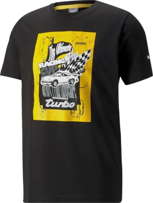 Produktbild von Porsche Legacy T-Shirt Turbo Graphic Puma, Offizieller Fanartikel, Schwarzes T-Shirt mit Porsche Turbo Racing Grafikprint in Gelb, 100% Baumwolle