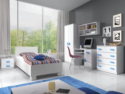 Produktbild von Kinderzimmer-Set Bett Schrank Wandregal Kommode Schreibtisch Nachttisch Weiß/Weiß mit blaue Griffe ohne Matratze Jonas I 01