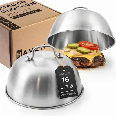 Produktbild von 𝗛𝗔𝗩𝗘𝗡𝗛𝗔𝗨𝗦 Burgerglocke Edelstahl 2er Set 16cmø I 2X Burger Glocke Edelstahl extra hoch perfekt für Smash Burger, 100% Edelstahl Schmelzglocke