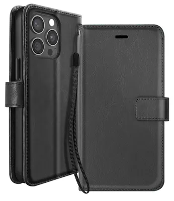 Produktbild von Mayaxess, Klapphülle für iPhone 15 Pro Max Geldbörse mit Handschlaufe & Standfunktion, Schwarz