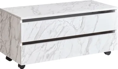 Produktbild von BELIANI Kommode Weiß MDP-Platte Marmor Optik Schmal mit Rollen 2 Schubladen Modern Badezimmer Ausstattung Badmöbel Rollbarer Schubladenschrank