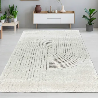 Immagine prodotto di Tappeto da salotto effetto 3d con motivo a righe in grigio crema Dimensioni - 140 x 200 cm