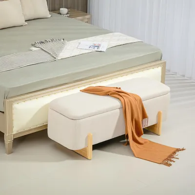 Produktbild von Sitzbank mit Stauraum, Polsterhocker Leinenimitat, Truhenbank Aufbewahrungsbank, Cremeweiß | 111 x 44 x 44,5 cm | 150 kg | Kautschukholz-Beine