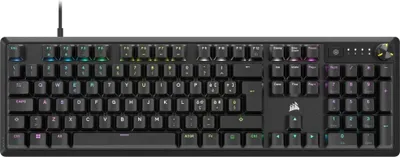 A black Corsair K70 CORE RGB gaming keyboard is shown from a top-down perspective against a black background.